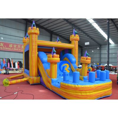 23 x 13ft クロスオーバービルディングブロック スライド付きのPVC 吹き飛ばし式跳ね返し屋 黄色い城