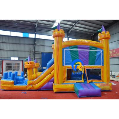 23 x 13ft クロスオーバービルディングブロック スライド付きのPVC 吹き飛ばし式跳ね返し屋 黄色い城